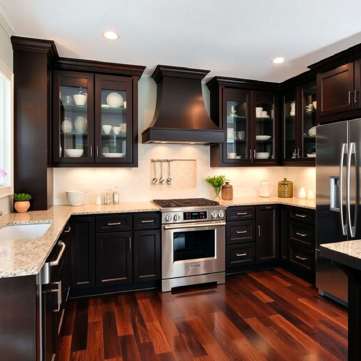 elegance dark wood flooring with glass front cabinets