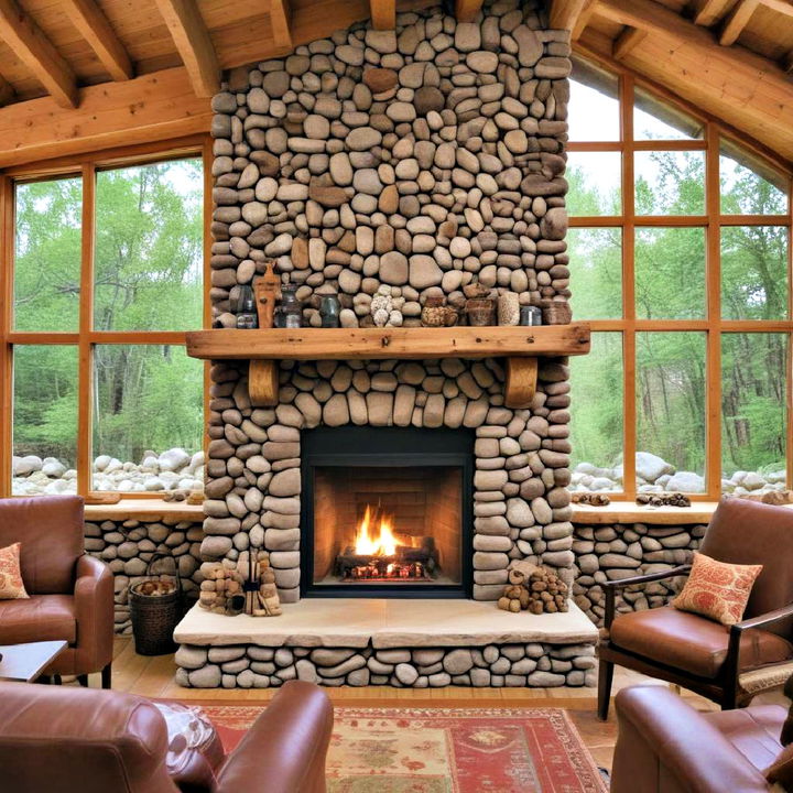 elegance river rock fireplace