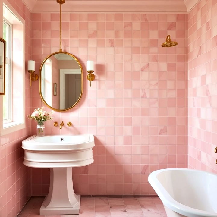 elegant blush pink tiles with gold fixtures