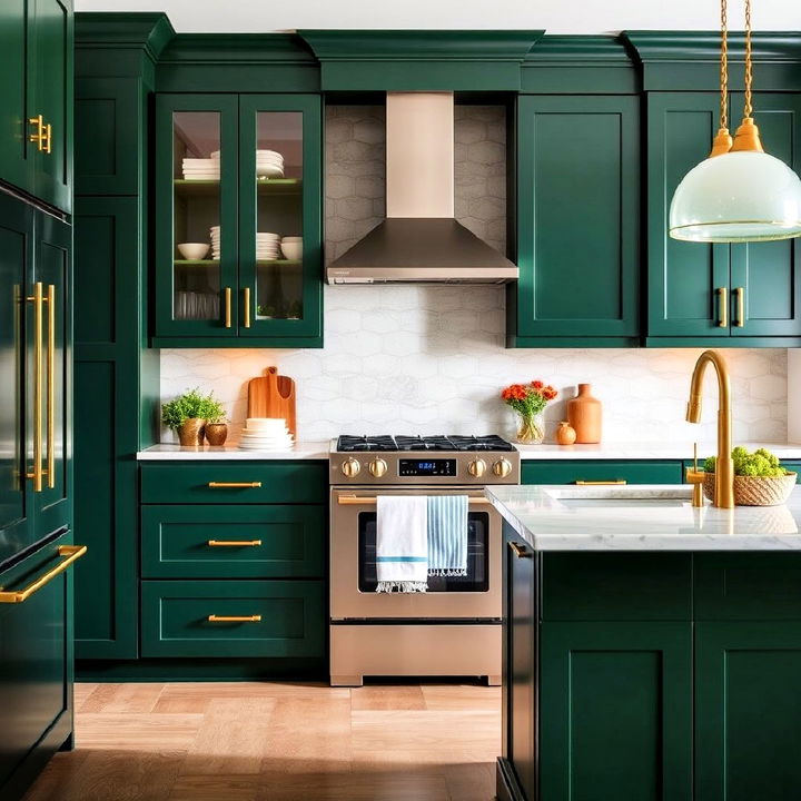 elegant dark green cabinets with brass handles