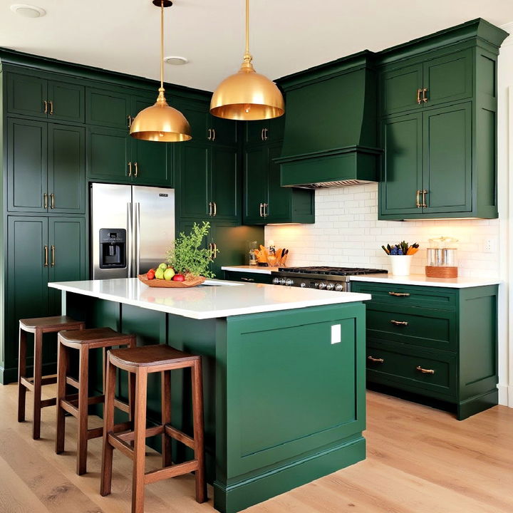 elegant dark green cabinets with brass lighting