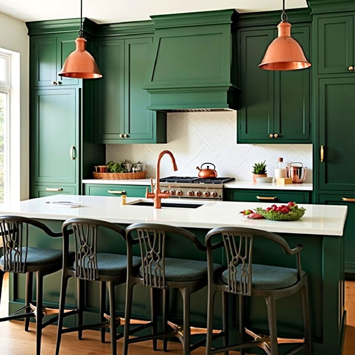 elegant dark green kitchen with copper accents