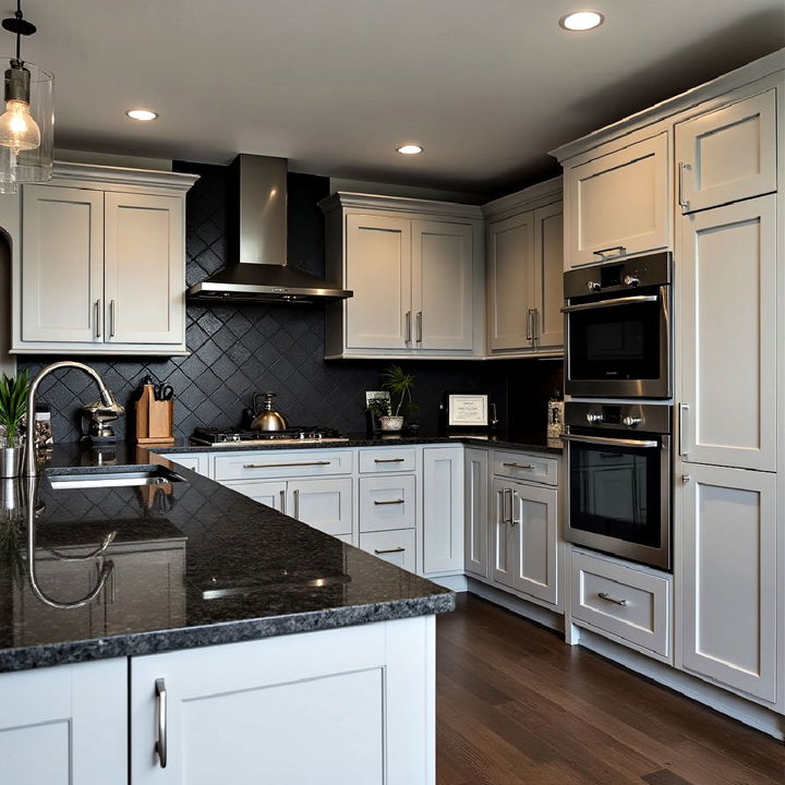 elegant dark quartz and light gray cabinets