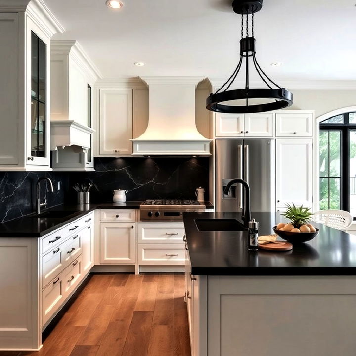 elegant dark slate countertops with off white cabinets