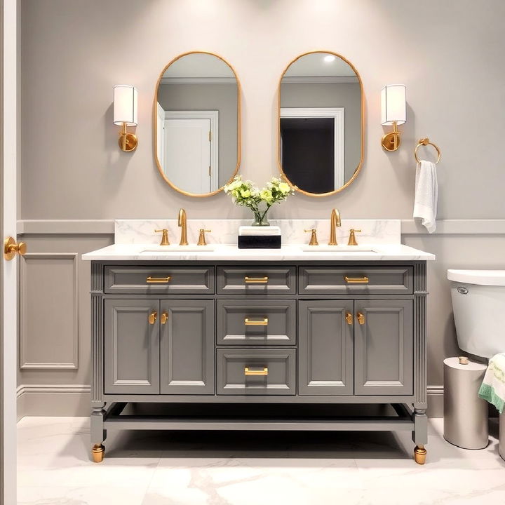 elegant grey vanity with gold accents