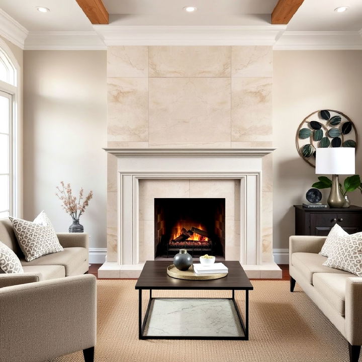 elegant limestone tiles to decor fireplace