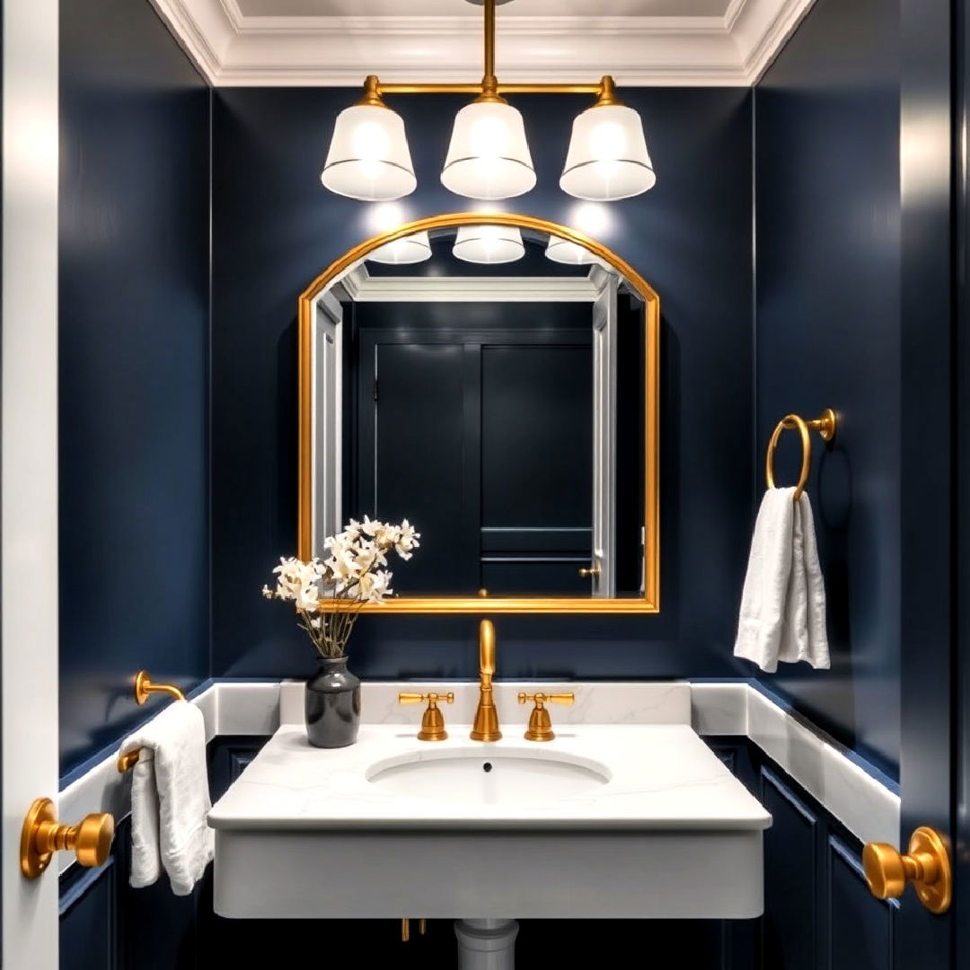 elegant navy walls with gleaming gold details powder room