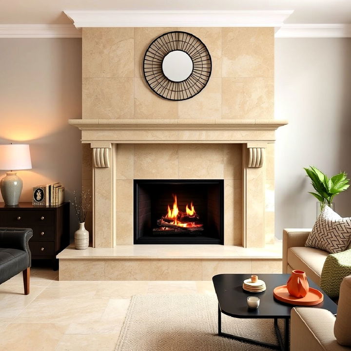 elegant travertine tiles fireplace