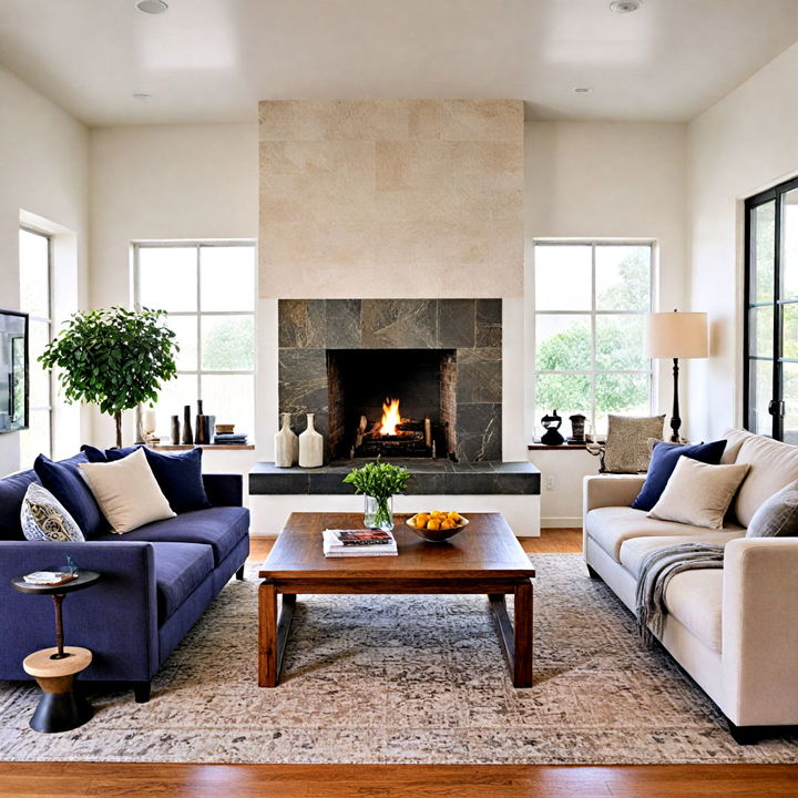 elegant two tone fireplace with built in seating