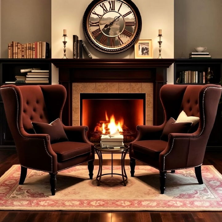 elegant wingback chairs fireplace setting