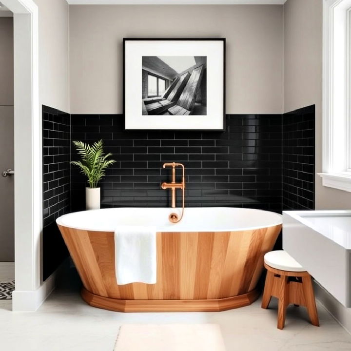 elegant wooden bathtub with black tile surround