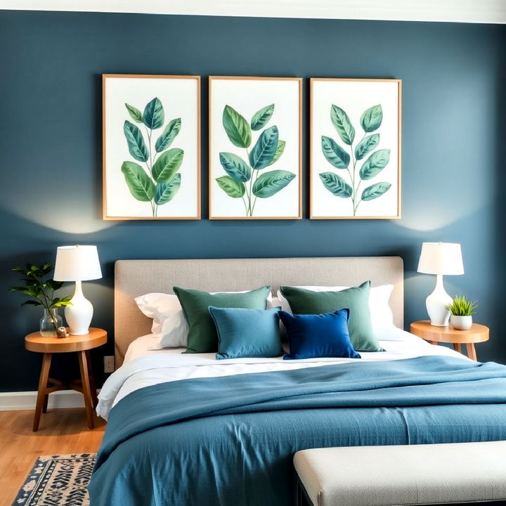 elevate blue and green bedroom with botanical wall art