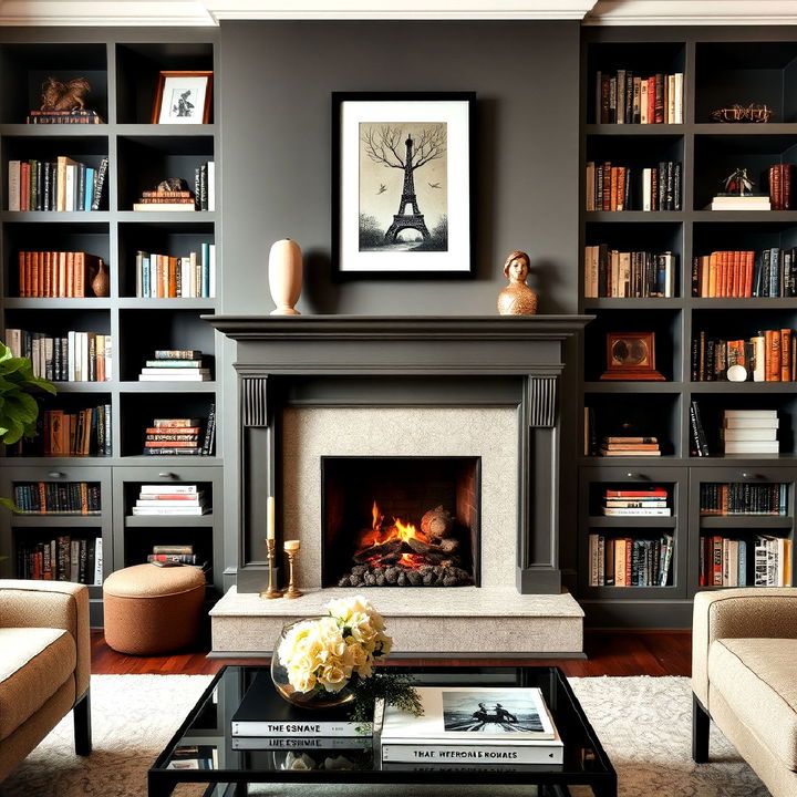 elevate your décor with a fireplace and bookshelves