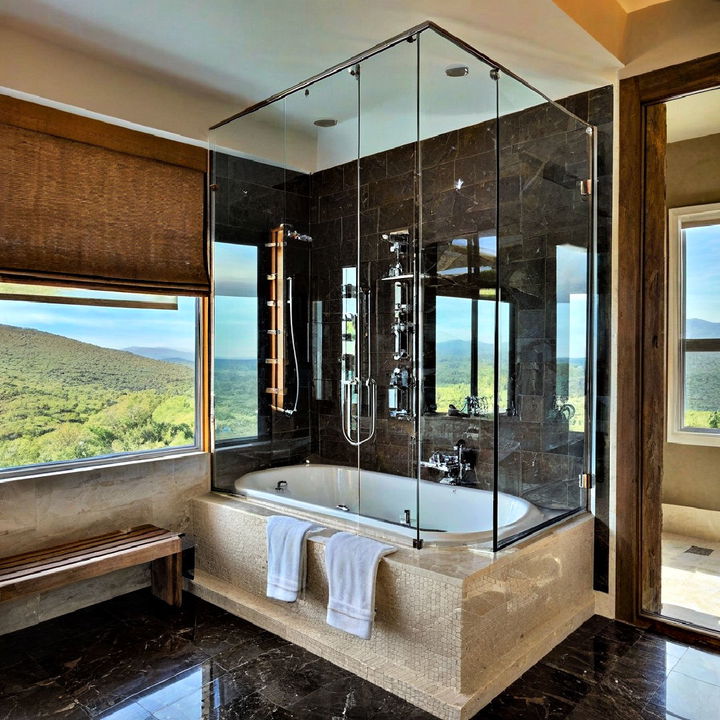 elevated tub shower combo with glass partition