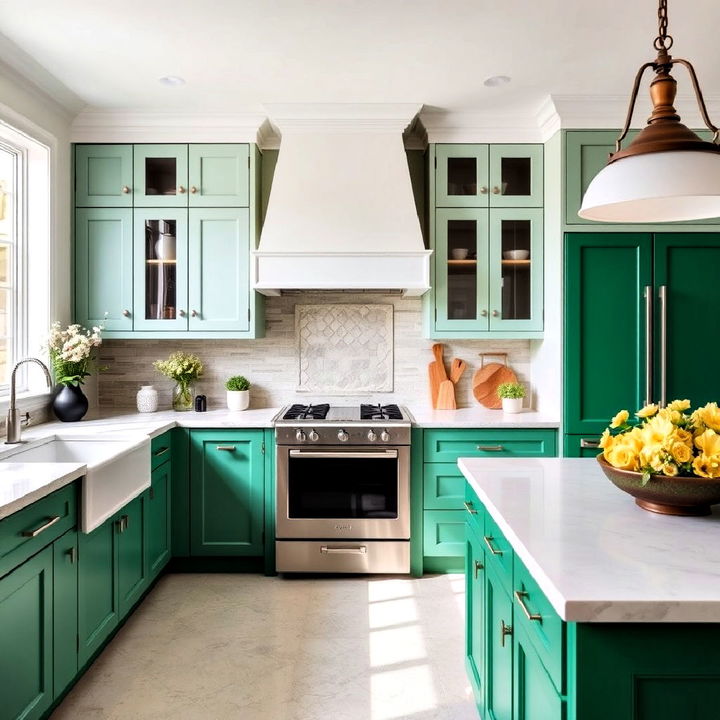 emerald green accent cabinetry in an open kitchen