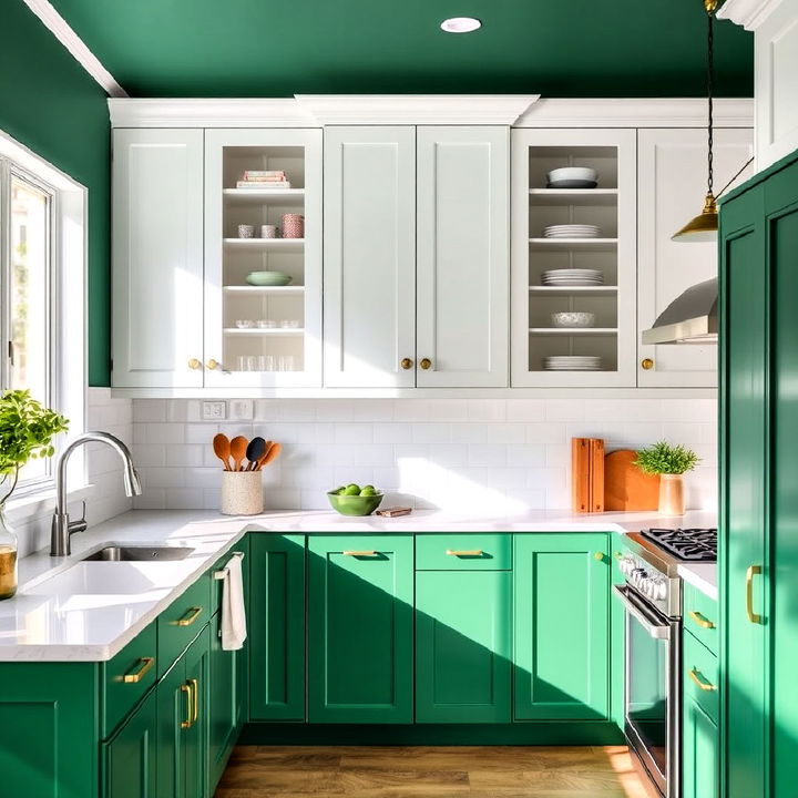 emerald green and white two toned kitchen