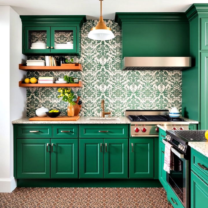 emerald green base cabinets with patterned tiles