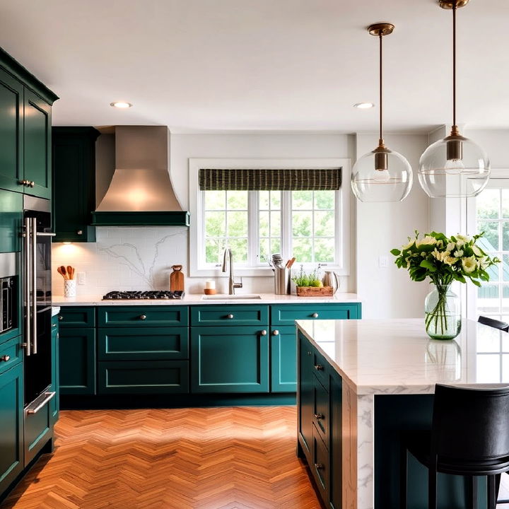 emerald green cabinetry with marble countertops