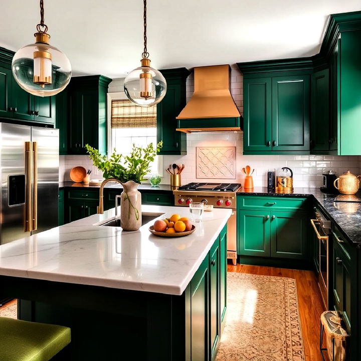 emerald green cabinets with brass accents