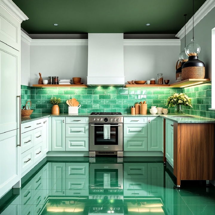 emerald green floor tiles with a glossy finish