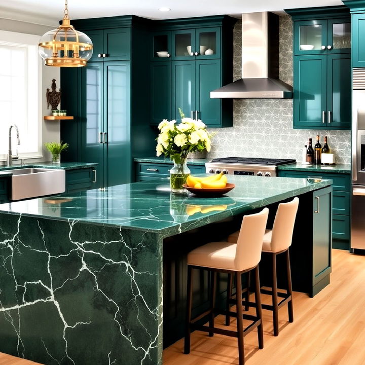 emerald green kitchen island with waterfall countertop