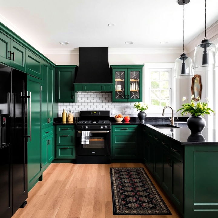 emerald green kitchen with black accents