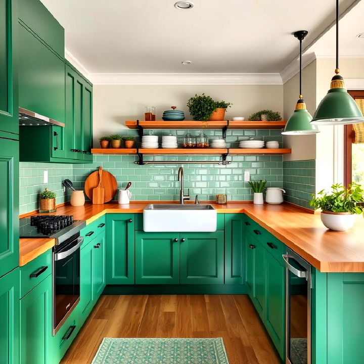 emerald green kitchen with wood tones