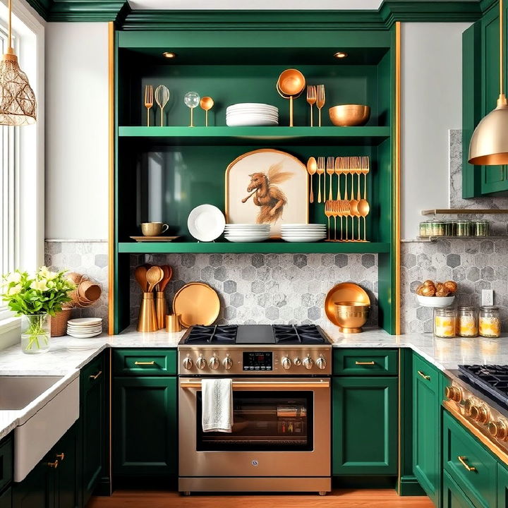 emerald green open shelving with gold accents