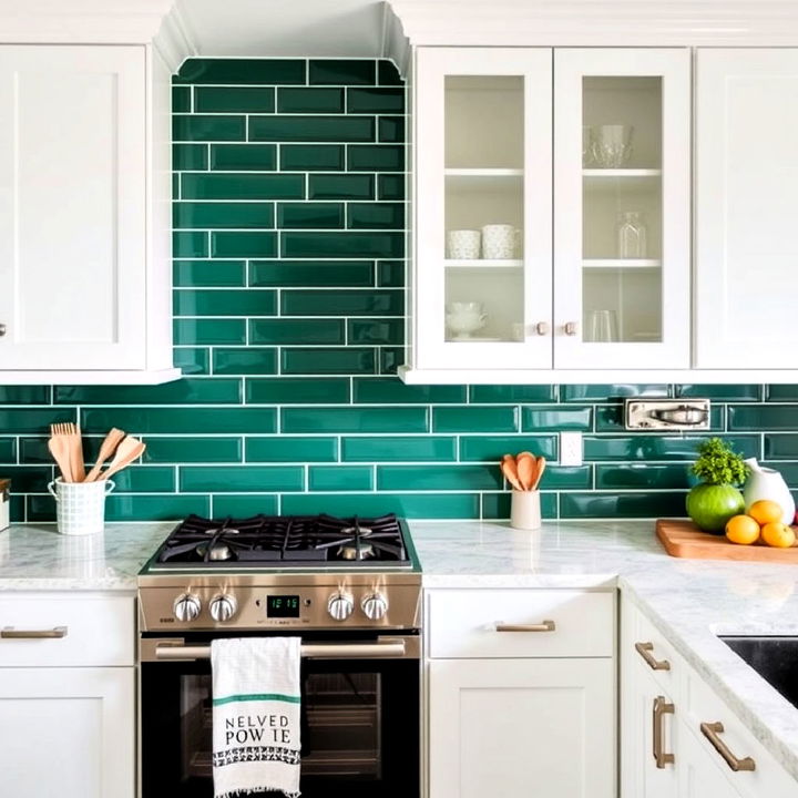 emerald green subway tiles backsplash