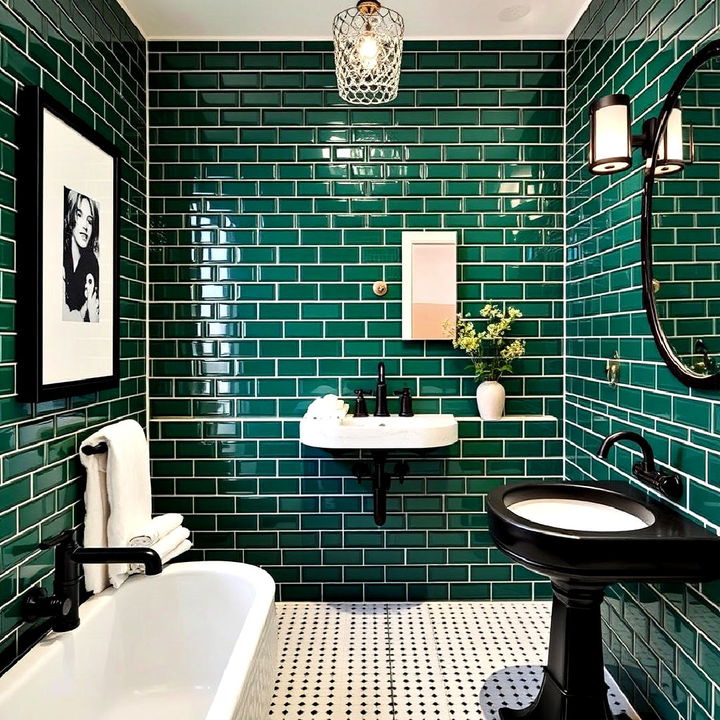 emerald green subway tiles with black fixtures