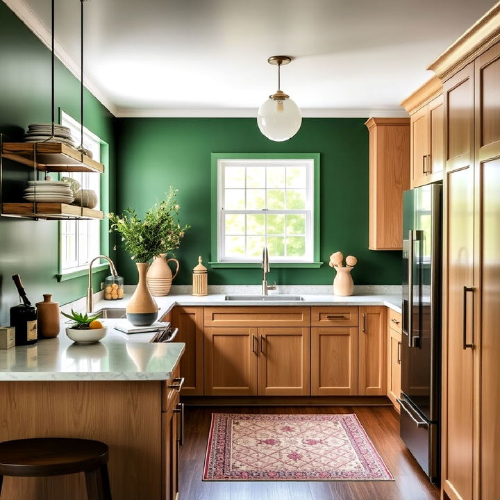 emerald green walls with light wood cabinets