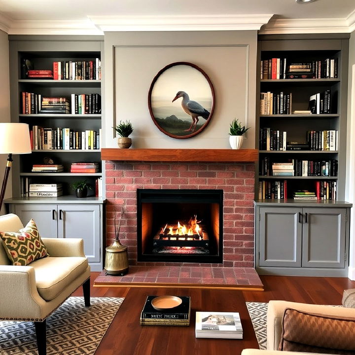 enhance ambiance with a fireplace and bookshelves