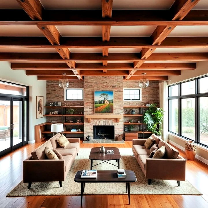 exposed beams in a sunken living room