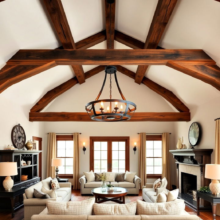 exposed beams with rustic chandelier