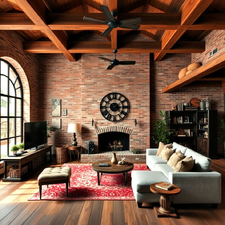 exposed brick and wood beams for living room