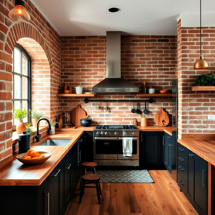 exposed brick earthy kitchen