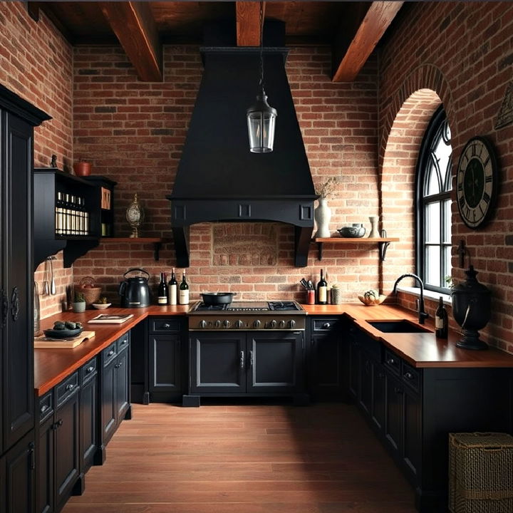 exposed brick walls for gothic kitchen