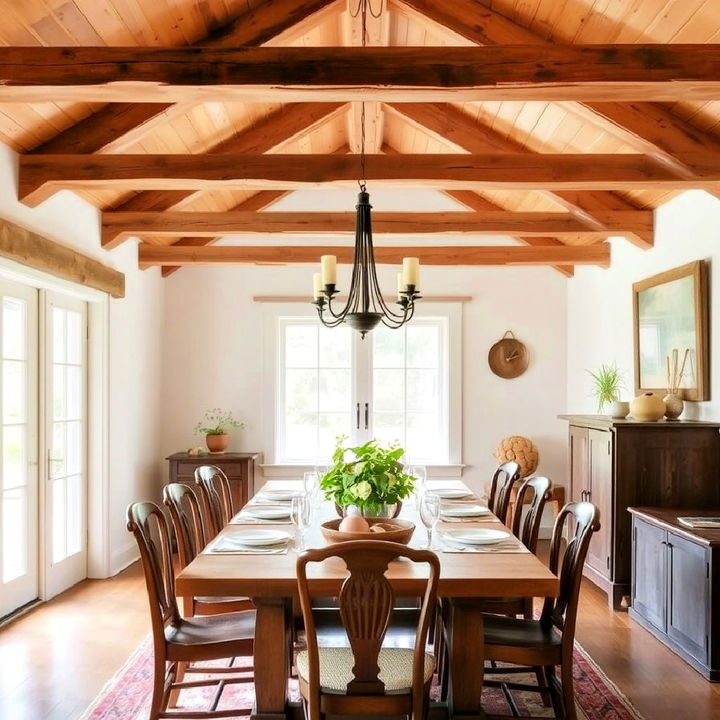 exposed wooden beams into dining room