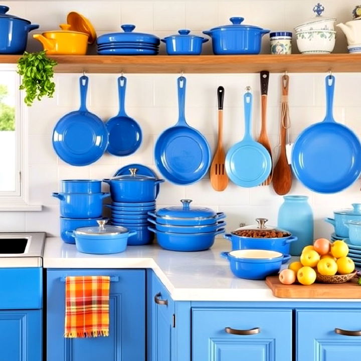 eye catching blue cookware kitchen art