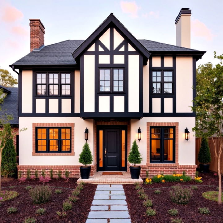 eye catching contrast half timbering in a modern tudor exterior