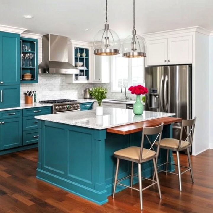 eye catching teal kitchen island