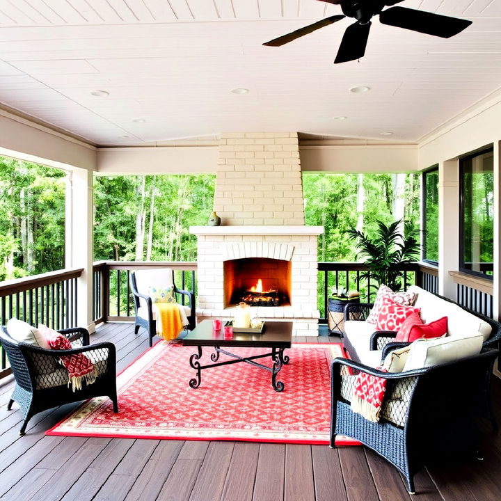 family friendly space covered deck with fireplace