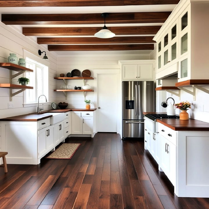 farmhouse style kitchen with dark wood flooring