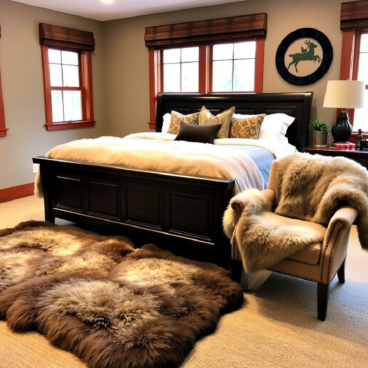 faux fur rug and throw for hunting bedroom