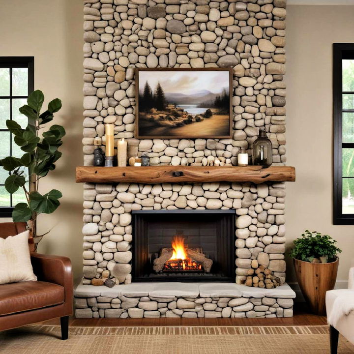 faux river rock fireplace