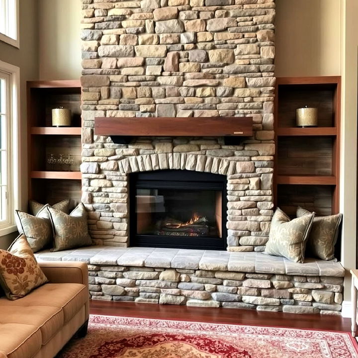 faux stone fireplace with built in seating