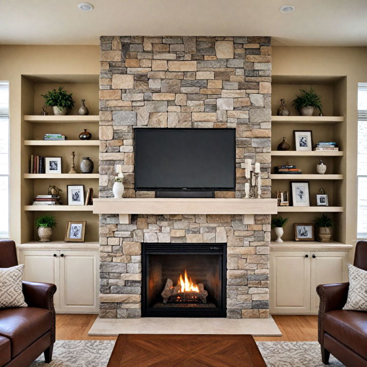 faux stone fireplace with built in shelving