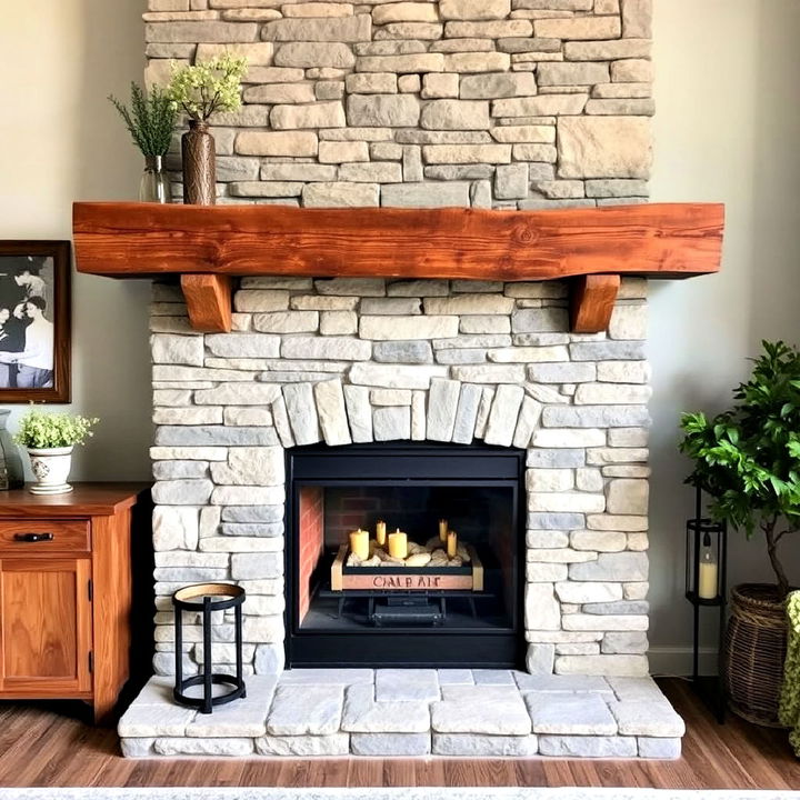 faux stone fireplace with reclaimed wood beam mantel