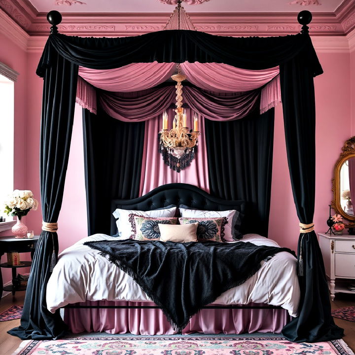 feature a canopy bed with dark curtains