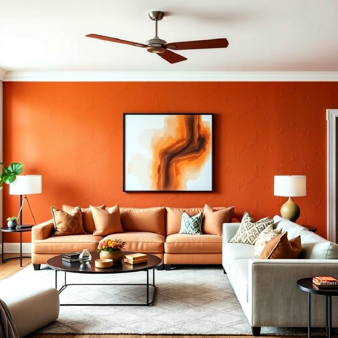 feature wall with textured burnt orange paint